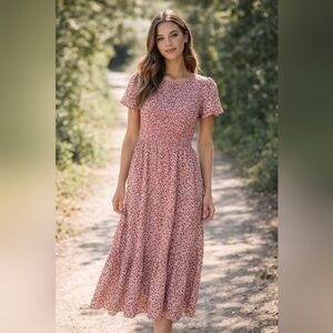 Women's Size S Floral Print Brown/Cream Maxi Dress Boho Cottage Core Prairie